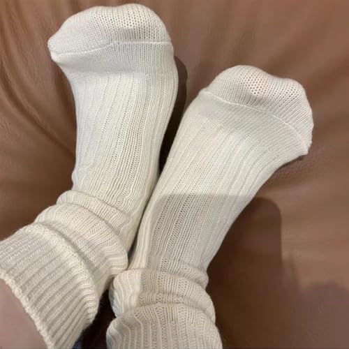 MANGMAO 3 Pairs Crew Socks for Women Cute Fall Knit Cotton Socks Crochet Aesthetic Long Slouch Socks Gifts for Women (Beige-3 Pack,One Size,One Size) - Image 4
