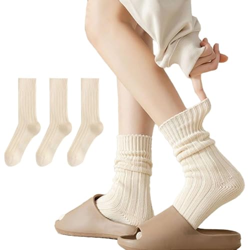 MANGMAO 3 Pairs Crew Socks for Women Cute Fall Knit Cotton Socks Crochet Aesthetic Long Slouch Socks Gifts for Women (Beige-3 Pack,One Size,One Size) - Image 1