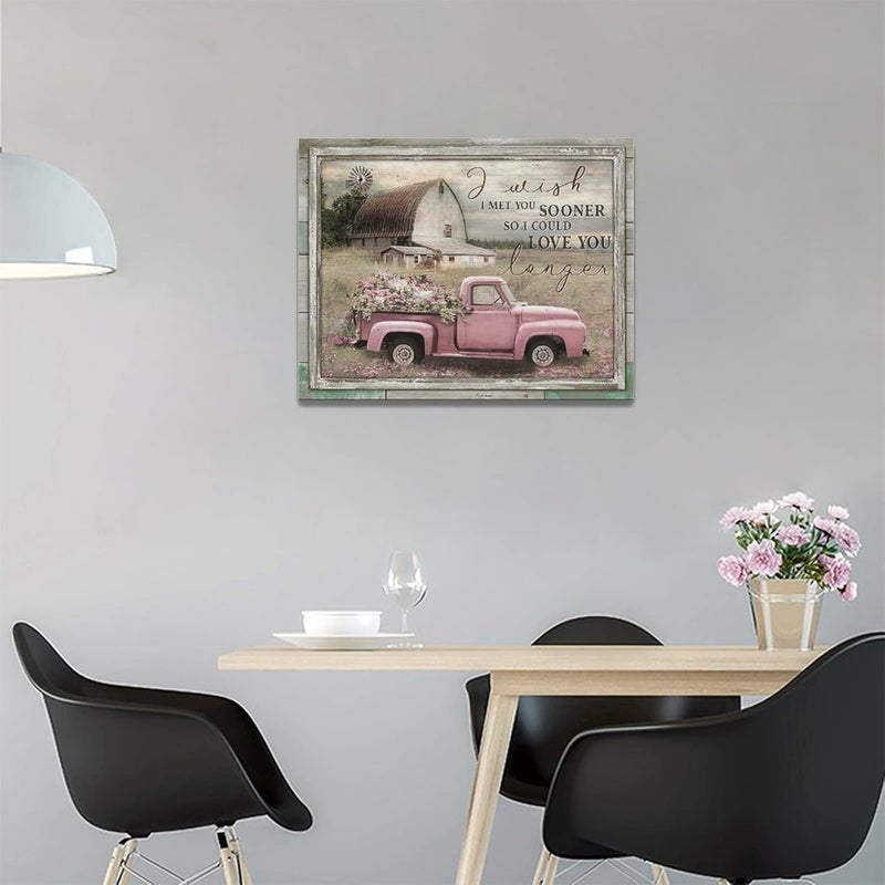 remzoke Farmhouse Pink Truck Canvas Wall Art - Image 3