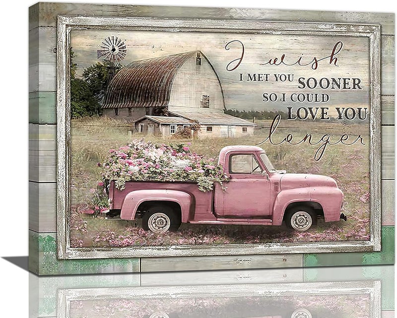 remzoke Farmhouse Pink Truck Canvas Wall Art - Image 1