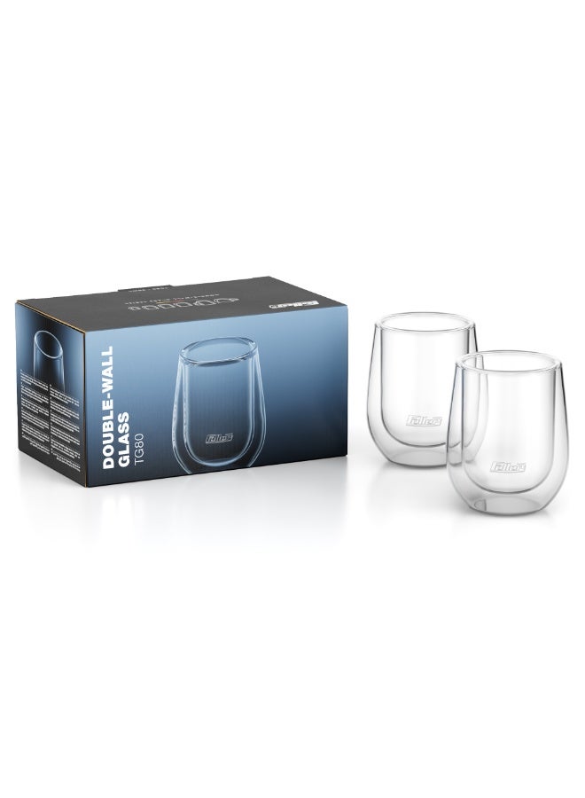 Feller Germany TG80 Double-Wall Espresso Glasses Set of 2, 80ml Insulated Borosilicate Espresso & Ristretto Cups, Keeps Coffee Hot, Thermal Shock Resistant, BPA-Free - Image 1