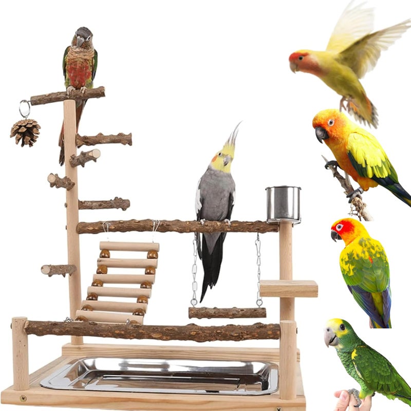 GOVNPJ Bird Playground with Feeder Cups Wooden Parrot Play Stand for Cockatiel Parakeet - Image 2