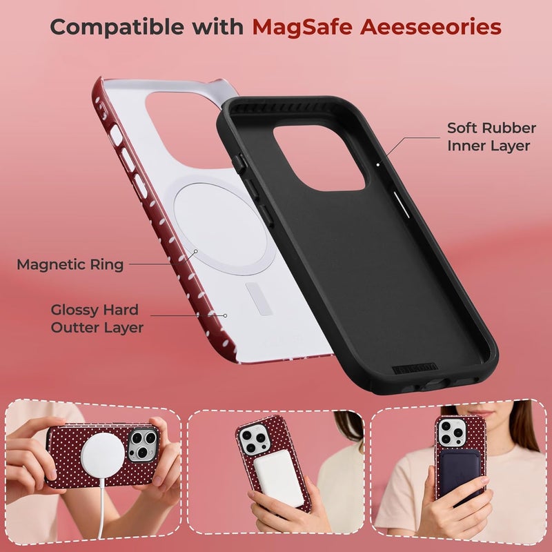 Home & light industrial compatible Magnetic Case for iPhone 15 Pro Max, Polka Dot Phone Case Cute for Girl Women, Compatible with Magsafe, Hard PC+Soft TPU Protective Phone Cover for iPhone 15 Pro Max-Wine Red | Built in Magnetic Support Magnetic Accessory | Cute Polka Dot Pattern | Hard PC Back+Soft Layer Dual Protective Phone Case Global upgraded practical design - Image 3
