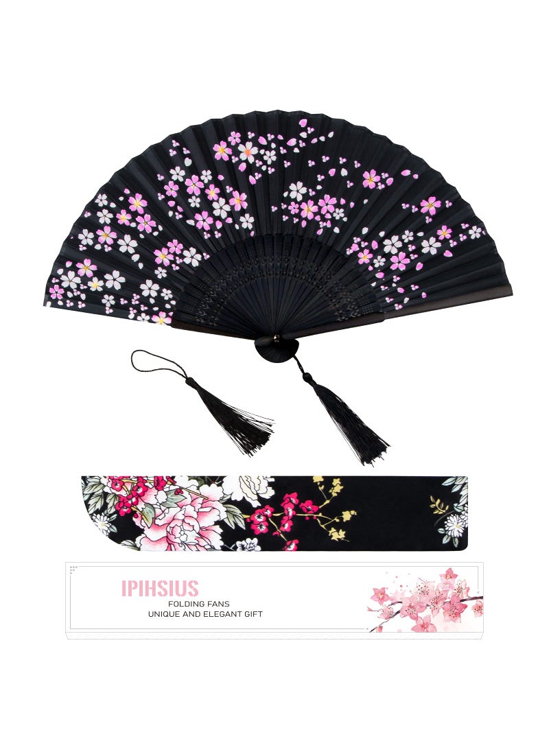 iPihsius iPihsius Folding Fan Slik Folding Hand fan with First Layer Bamboo with Storage Bag Tassel For Cooling Performances Decorations Gifts Classic Ink Plum Gradient Midnight Black 