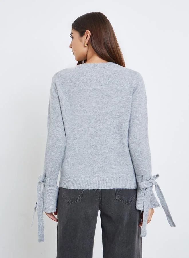 Take Two  Women Grey Solid Bow Detail Flared Cuff Sweater for Women | Best Price UAE