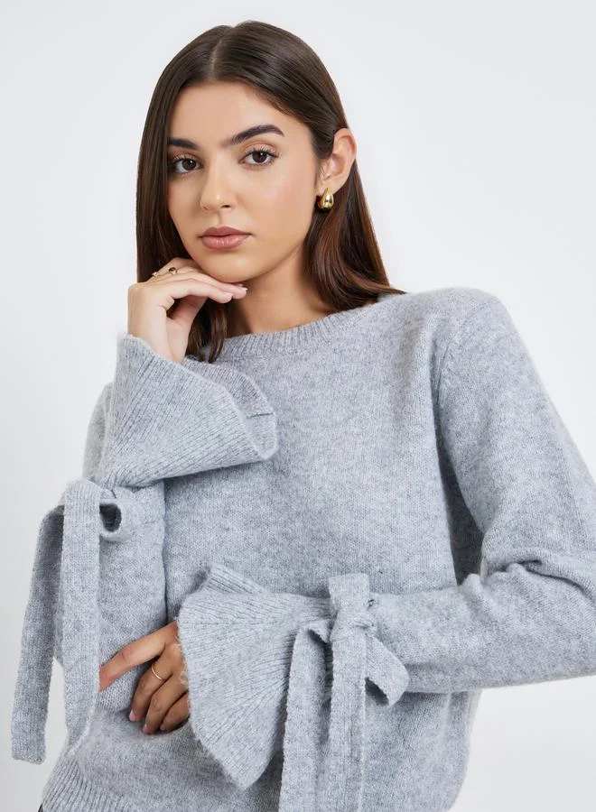 Take Two  Women Grey Solid Bow Detail Flared Cuff Sweater for Women | Best Price UAE