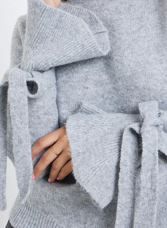Take Two  Women Grey Solid Bow Detail Flared Cuff Sweater for Women | Best Price UAE