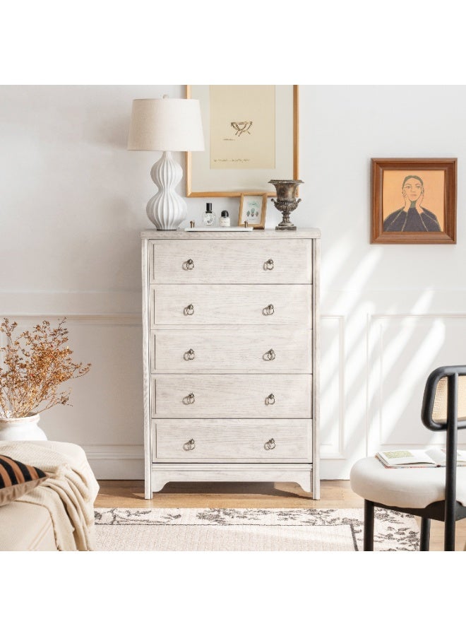 DOOHWAN Solid Wood Dresser for Bedroom- Natural Wood Veneers & Water Based Paint Finished- Vintage Chests of Drawers, 5 Drawer Tall Dresser - Image 1