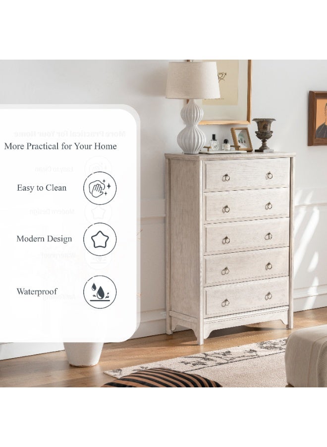 DOOHWAN Solid Wood Dresser for Bedroom- Natural Wood Veneers & Water Based Paint Finished- Vintage Chests of Drawers, 5 Drawer Tall Dresser - Image 5