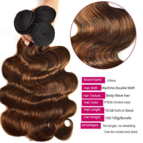 UNice Brown Highlight Body Wave Human Hair Weave 3 Bundles 8 10 12 inch, Brazilian Remy Hair Ombre Blonde Human Hair Wavy Weaves Sew in Piano Color TFB30 - Image 3
