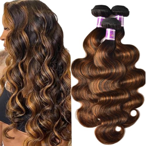 UNice Brown Highlight Body Wave Human Hair Weave 3 Bundles 8 10 12 inch, Brazilian Remy Hair Ombre Blonde Human Hair Wavy Weaves Sew in Piano Color TFB30 - Image 1