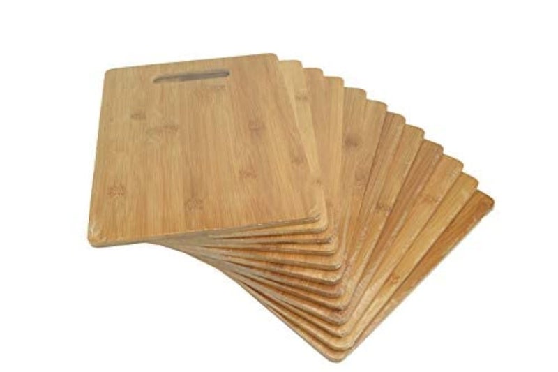 Set of 12 12X9 Bulk Plain Bamboo Wooden Serving Tray Charcuterie Platter Cutting Board with Handle for Customized Personalized Engraving Gifts