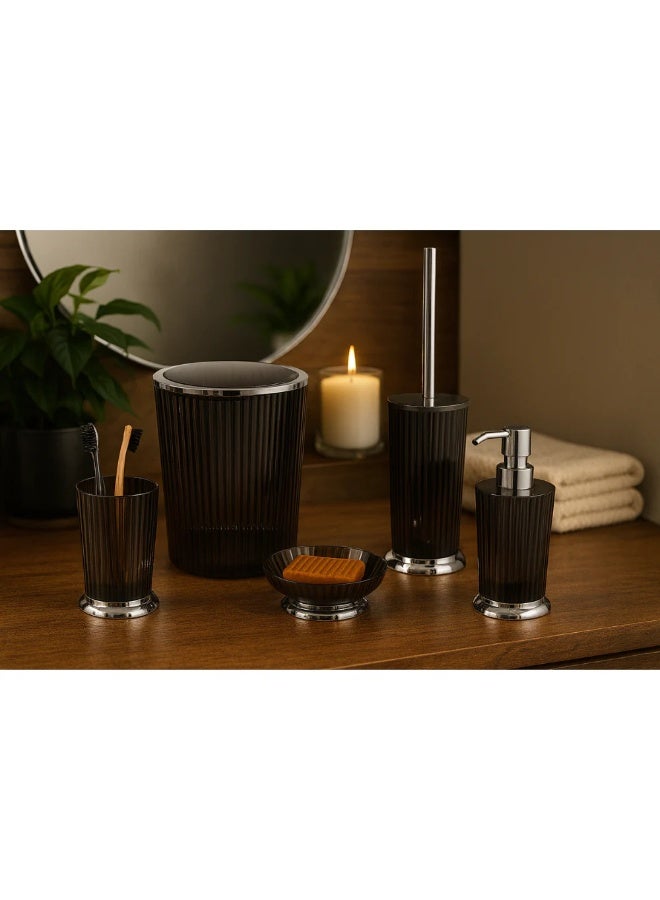 Primanova Bathroom Accessory Set 5-Piece Acrylic with Chrome Finish – Waste Bin 5 Liter, Toilet Brush, Soap Dispenser, Tumbler & Soap Dish (Transparent Black) - Image 3