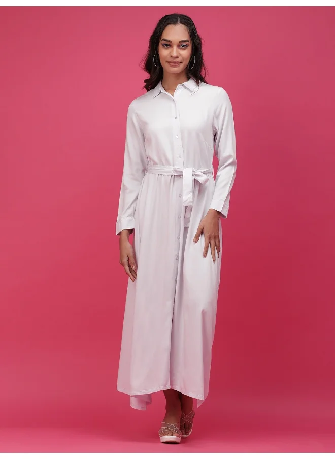 مرفوعة Women Casual Regular Solid Plain Collared Neck Maxi Shirt Dress