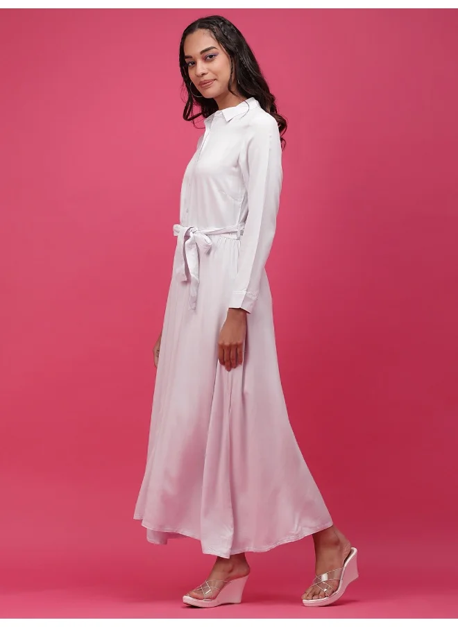 مرفوعة Women Casual Regular Solid Plain Collared Neck Maxi Shirt Dress