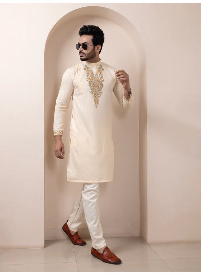 Devoiler Mens Beige Ethnic Print Cotton Kurta Set - Image 5