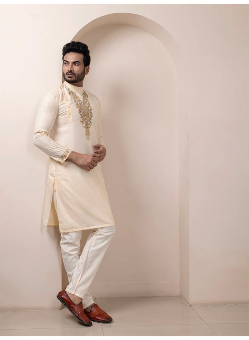 Devoiler Mens Beige Ethnic Print Cotton Kurta Set - Image 4