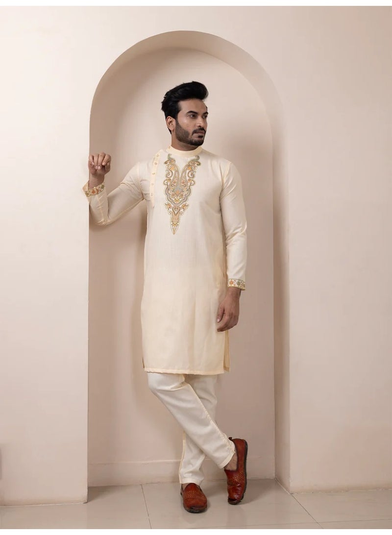 Devoiler Mens Beige Ethnic Print Cotton Kurta Set - Image 2