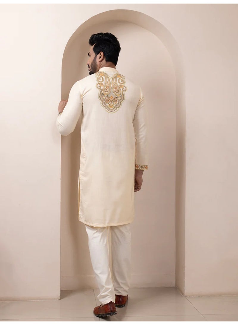 Devoiler Mens Beige Ethnic Print Cotton Kurta Set - Image 1