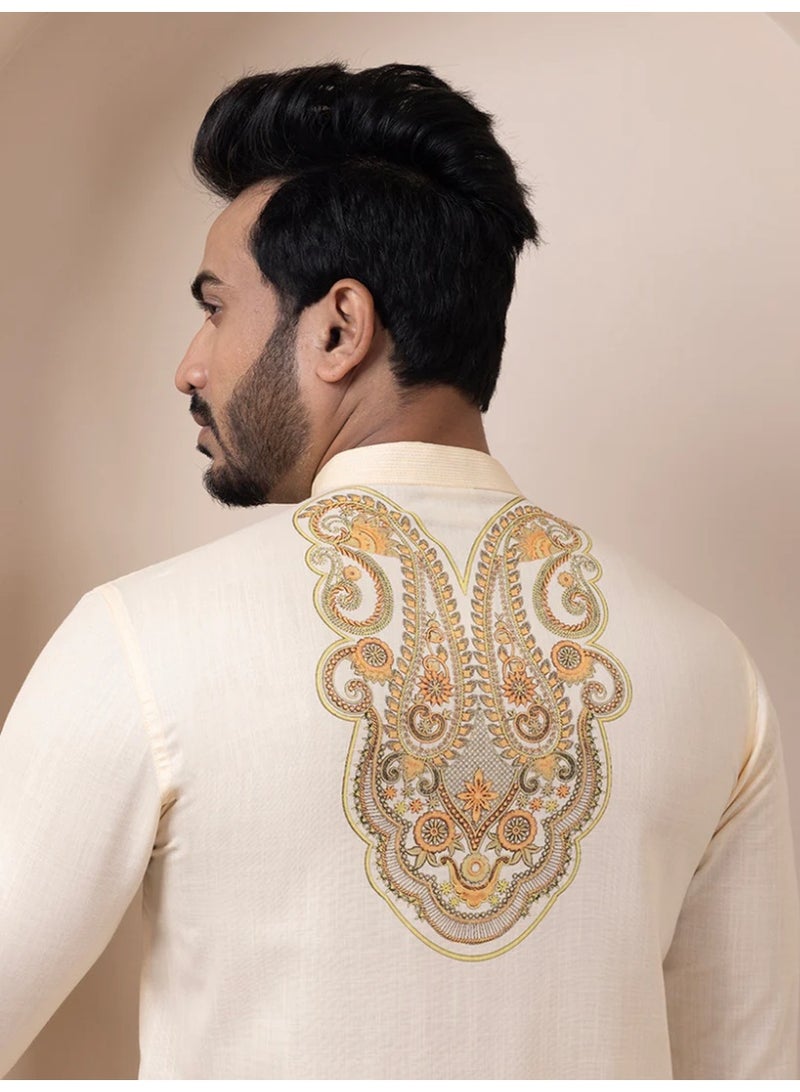 Devoiler Mens Beige Ethnic Print Cotton Kurta Set - Image 3