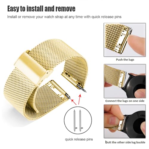 DEALELE Bands Compatible with Huawei Watch GT5 Pro 42mm / GT5 / GT4 41mm / Fossil Q Venture Gen 4/3 / Women's Gen 5E 42mm / Women's Gen 6, 18mm Stainless Steel Metal Mesh Replacement Strap, Gold - Image 5