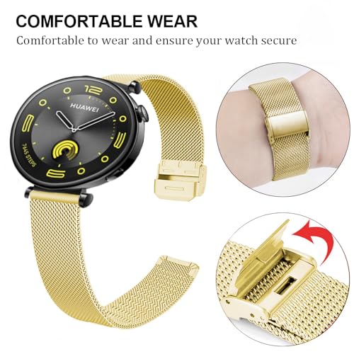 DEALELE Bands Compatible with Huawei Watch GT5 Pro 42mm / GT5 / GT4 41mm / Fossil Q Venture Gen 4/3 / Women's Gen 5E 42mm / Women's Gen 6, 18mm Stainless Steel Metal Mesh Replacement Strap, Gold - Image 2