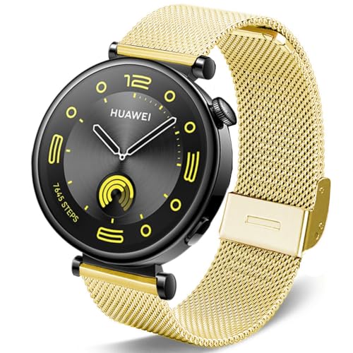 DEALELE Bands Compatible with Huawei Watch GT5 Pro 42mm / GT5 / GT4 41mm / Fossil Q Venture Gen 4/3 / Women's Gen 5E 42mm / Women's Gen 6, 18mm Stainless Steel Metal Mesh Replacement Strap, Gold - Image 1