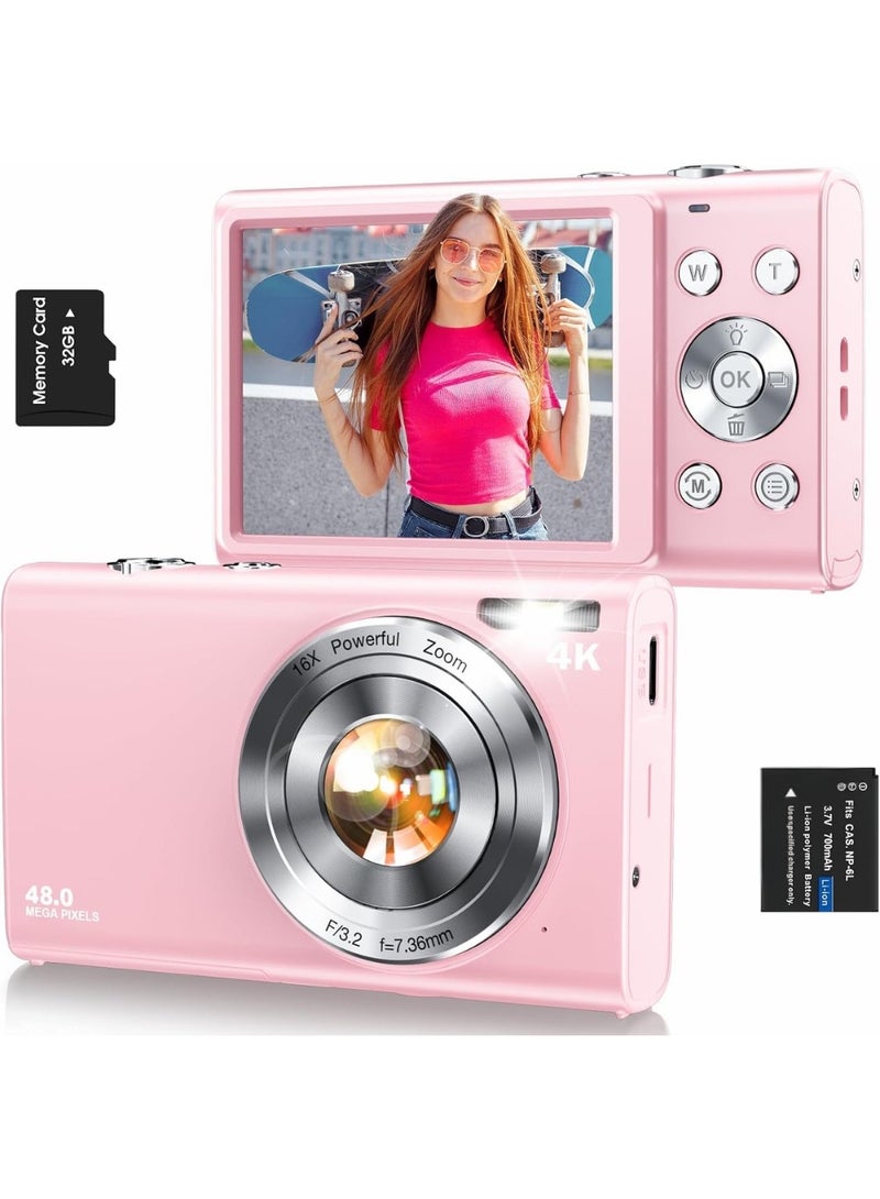 Zedtron Digital Camera, Autofocus 4K Vlogging Camera for Photography with 32GB Card, 44MP Portable Compact Point and Shoot Digital Camera for Teens Adult Beginner with 16X Zoom, Anti-Shake (Pink) - Image 1