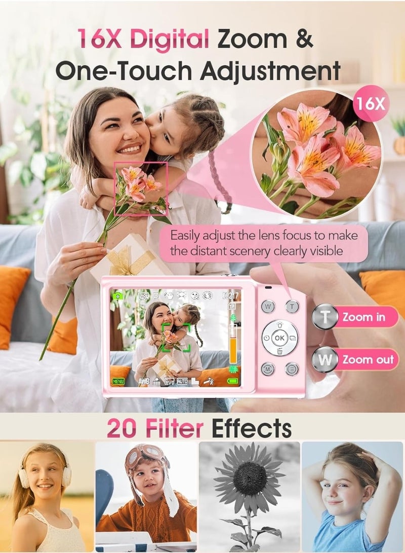 Zedtron Digital Camera, Autofocus 4K Vlogging Camera for Photography with 32GB Card, 44MP Portable Compact Point and Shoot Digital Camera for Teens Adult Beginner with 16X Zoom, Anti-Shake (Pink) - Image 4