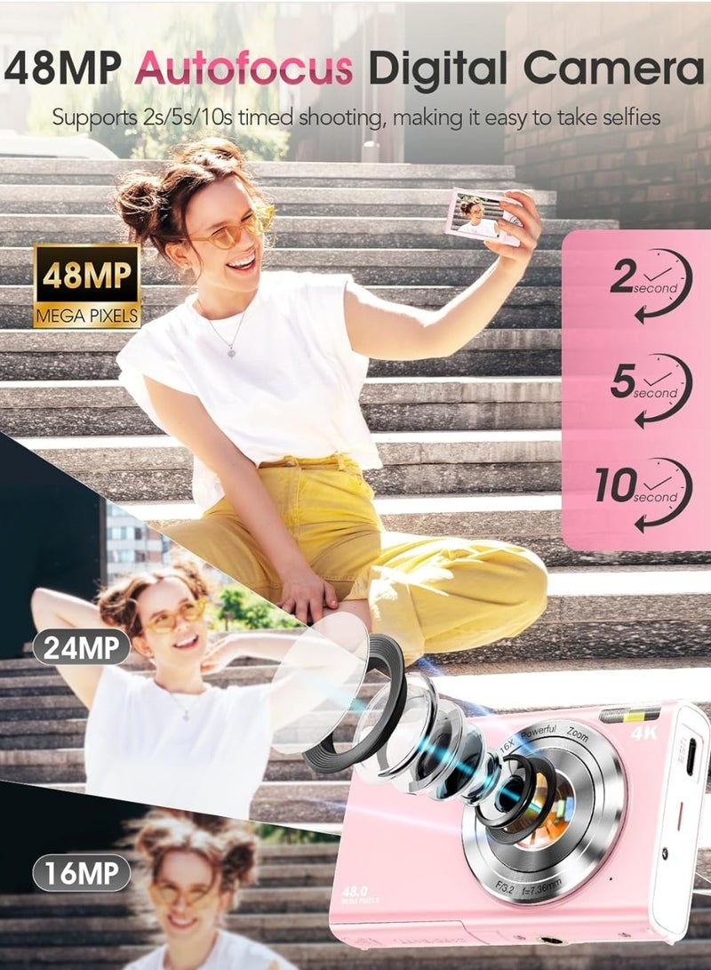 Zedtron Digital Camera, Autofocus 4K Vlogging Camera for Photography with 32GB Card, 44MP Portable Compact Point and Shoot Digital Camera for Teens Adult Beginner with 16X Zoom, Anti-Shake (Pink) - Image 2