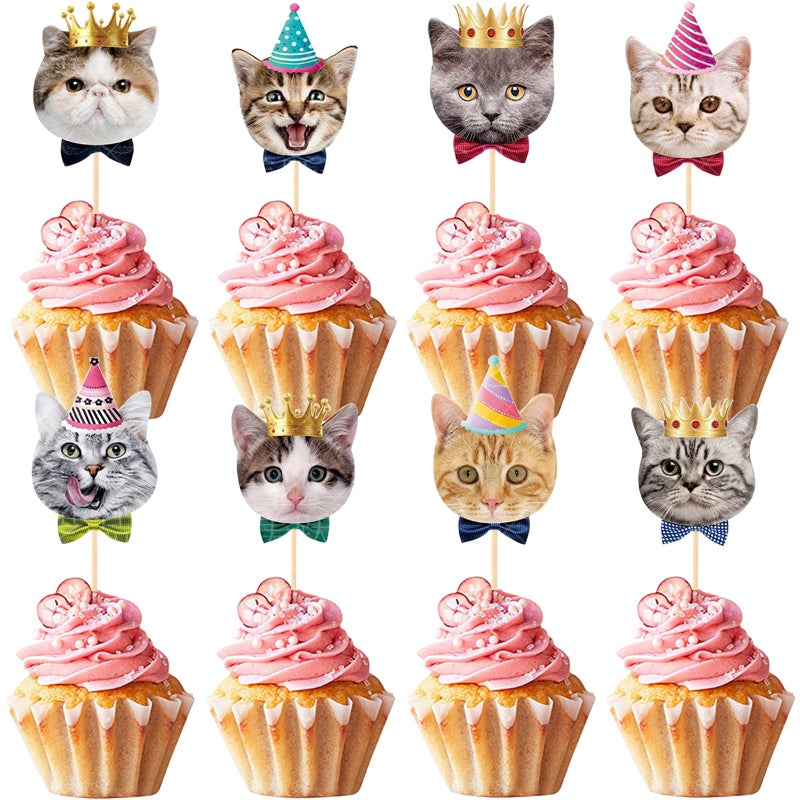 SAMOKA Pet Cat Cupcake Toppers,24 PCS Cats Cake Topper,Cat Birthday Decorations,Cat Party Decorations - Image 1