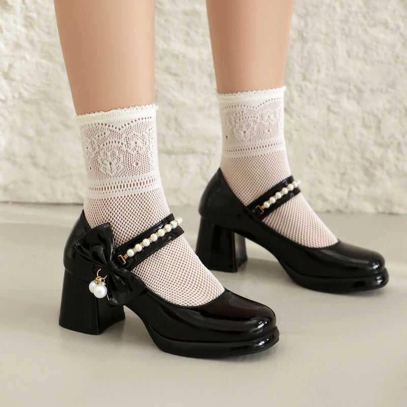 Spring 2024 Thick Heel Bow 32-43 Plus Size Pearl Square Head Shallow Mouth Single Shoes - Image 2