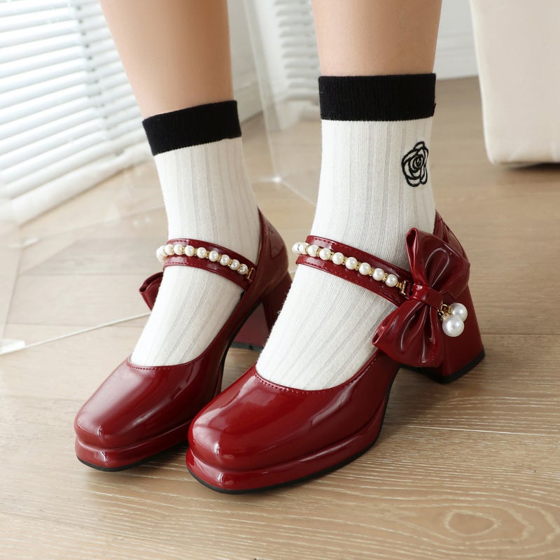 Spring 2024 Thick Heel Bow 32-43 Plus Size Pearl Square Head Shallow Mouth Single Shoes - Image 3