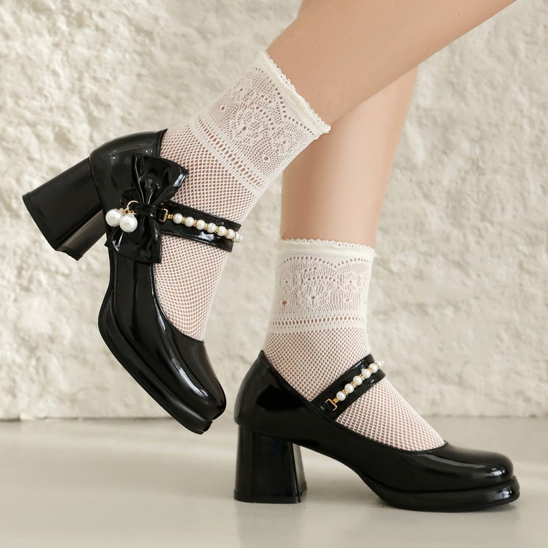 Spring 2024 Thick Heel Bow 32-43 Plus Size Pearl Square Head Shallow Mouth Single Shoes - Image 5