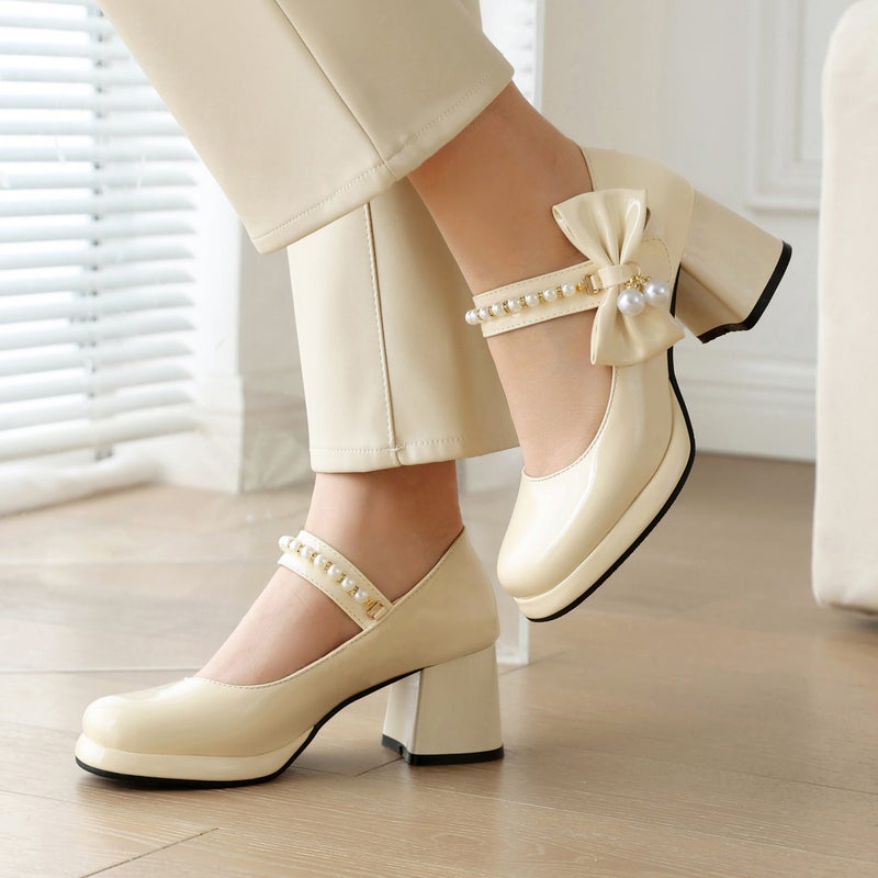 Spring 2024 Thick Heel Bow 32-43 Plus Size Pearl Square Head Shallow Mouth Single Shoes - Image 4