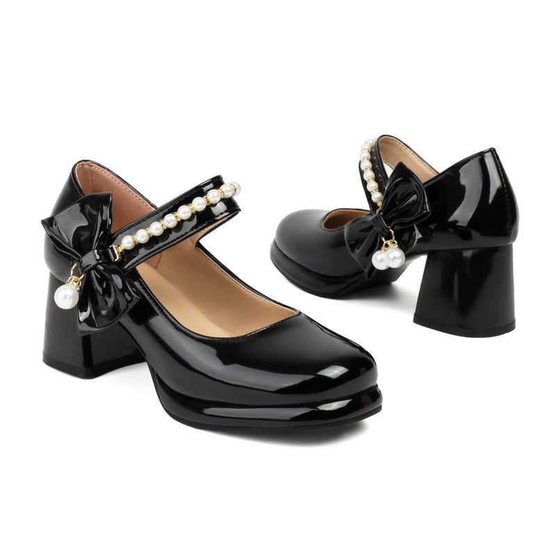 Spring 2024 Thick Heel Bow 32-43 Plus Size Pearl Square Head Shallow Mouth Single Shoes - Image 1