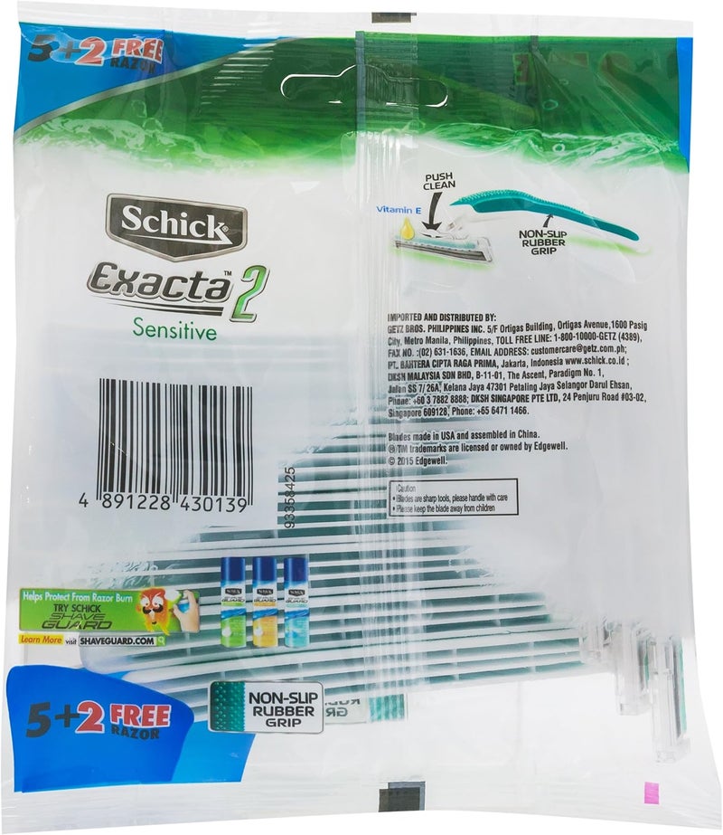 schick شيفك إكزاكتا2 ماكينة حلاقة حساسة بشفرة مزدوجة قابلة للتخلص منها للرجال - 7 قطع مع فيتامين E وصبار - Image 3