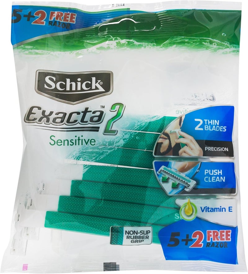 schick شيفك إكزاكتا2 ماكينة حلاقة حساسة بشفرة مزدوجة قابلة للتخلص منها للرجال - 7 قطع مع فيتامين E وصبار - Image 2