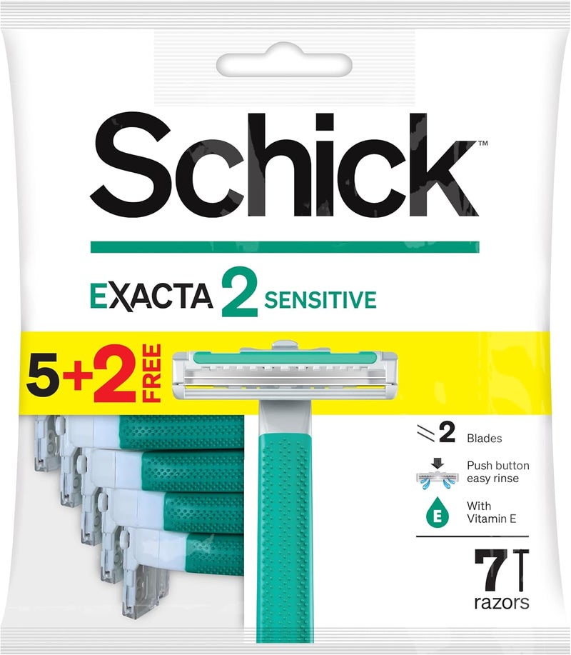 schick شيفك إكزاكتا2 ماكينة حلاقة حساسة بشفرة مزدوجة قابلة للتخلص منها للرجال - 7 قطع مع فيتامين E وصبار - Image 1