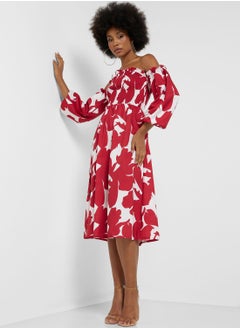 Off Shoulder Smocked Printed Dress