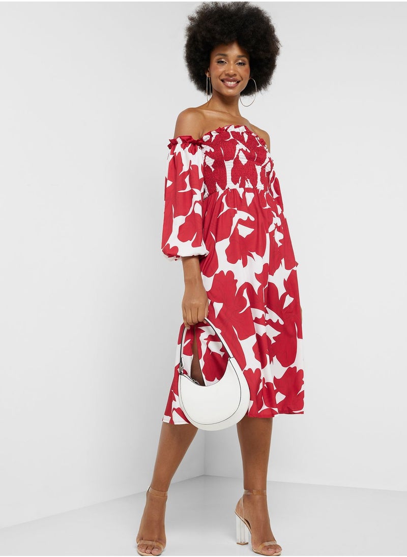 ELLA - Off Shoulder Smocked Printed Dress - Image 1