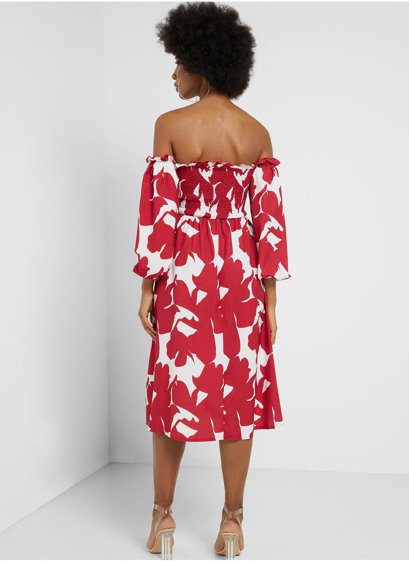 ELLA - Off Shoulder Smocked Printed Dress - Image 1