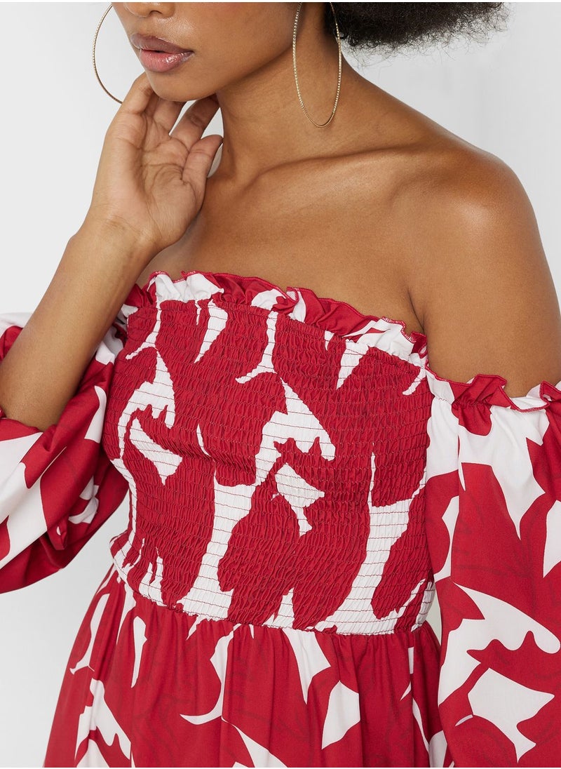 ELLA - Off Shoulder Smocked Printed Dress - Image 1
