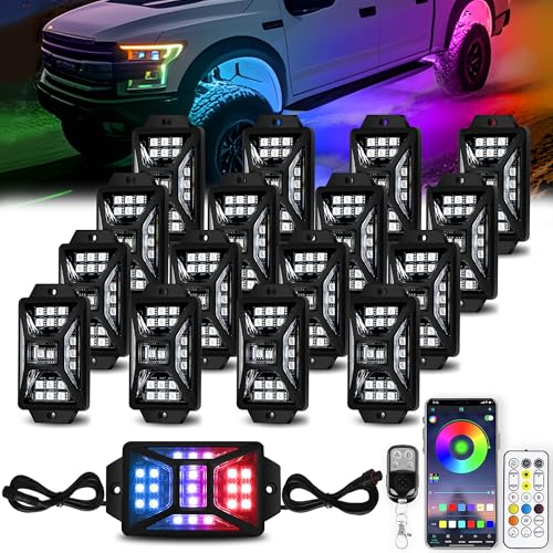 Auto Buero 16 Pods 336 LEDs 5 Sides RGB Rock Lights, App/Remote Control Rock Lights for Trucks, Waterproof Multi-Color Bright Underglow Kits with Music Mode, Compatible with 12V Jeep UTV SUV ATV Golf RZR - Image 1