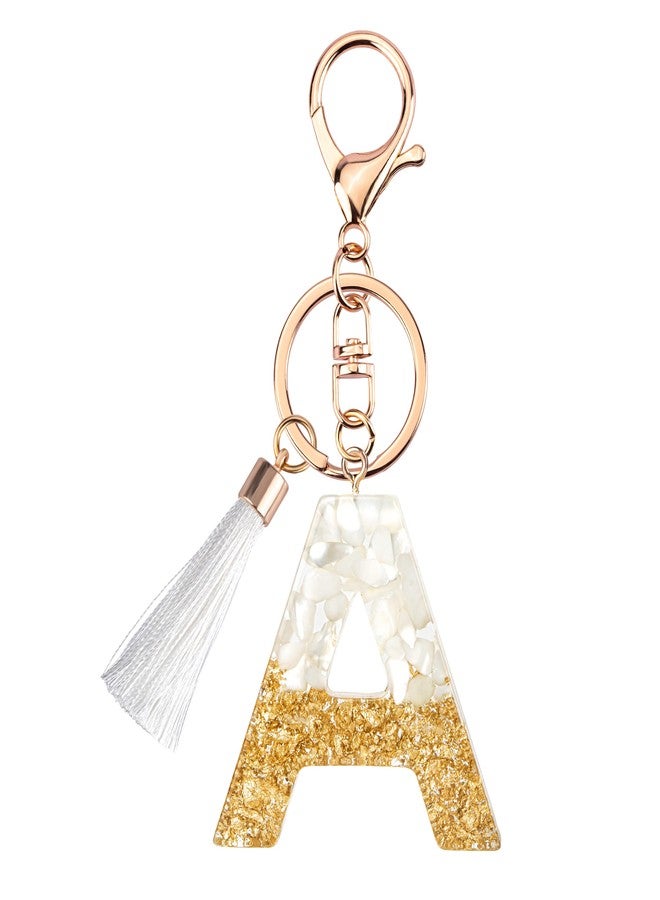 Suweibuke Cute Beige Key Chains for Women Girls, Initial Letter Keychains with White Tassel, Charms for Key Handbags Backpacks (A) - Image 1