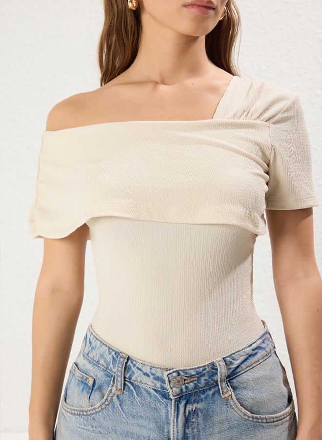 trendyol Stone Asymmetric Collar Fitted/Snap Knitted Bodysuit - Image 3