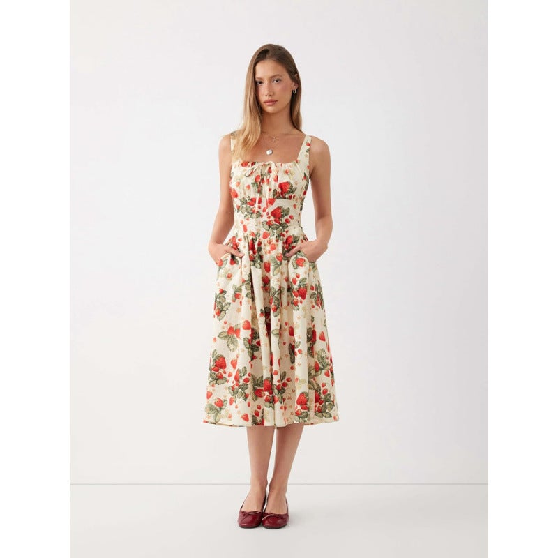 Strawberry Print Midi Dress for Women - Sleeveless, Tie Waist, Summer 2026 - Image 2
