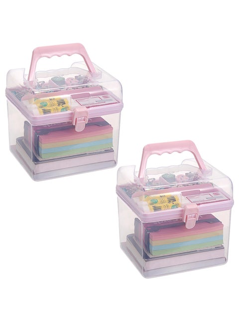Multipurpose Plastic Craft Storage Containers - Clear Plastic Storage Box with Removable Tray, Lid & Handle, Easy to Carry & Stack - Perfect for Small Items, 6.3'x5.6'x6.3‘, (Pink,2PCS)