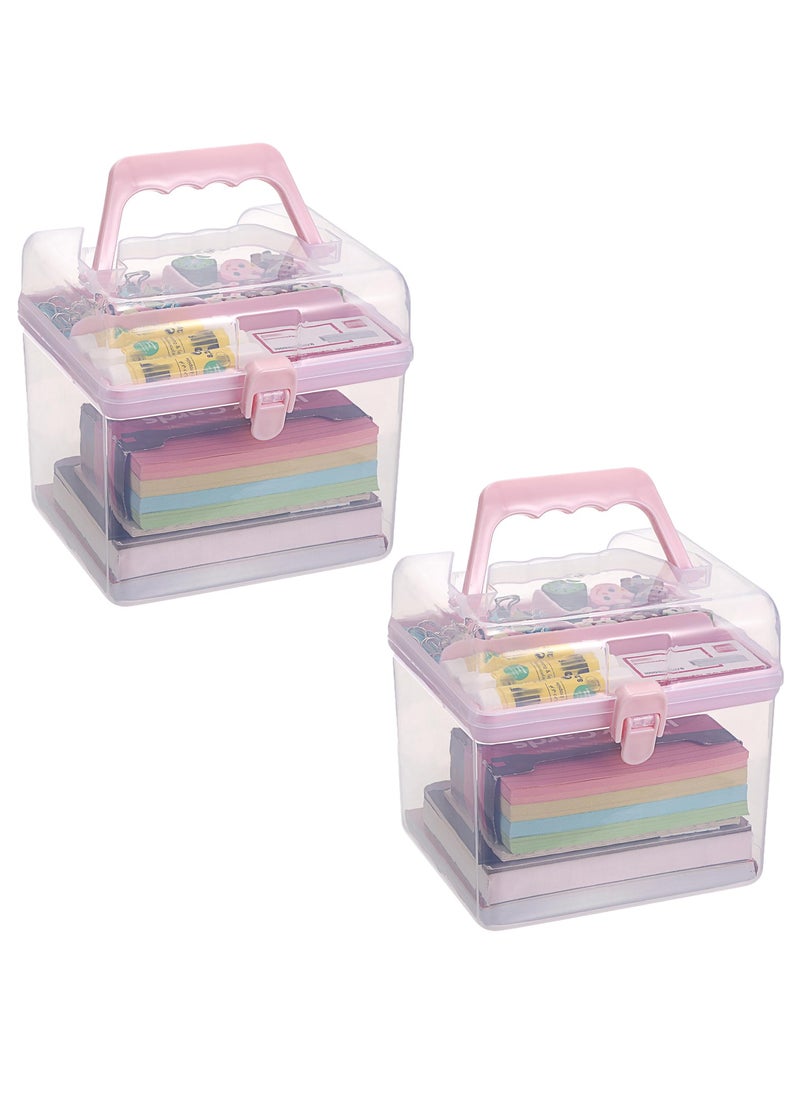 SYOSI Multipurpose Plastic Craft Storage Containers - Clear Plastic Storage Box with Removable Tray, Lid & Handle, Easy to Carry & Stack - Perfect for Small Items, 6.3'x5.6'x6.3‘, (Pink,2PCS)  - Image 1