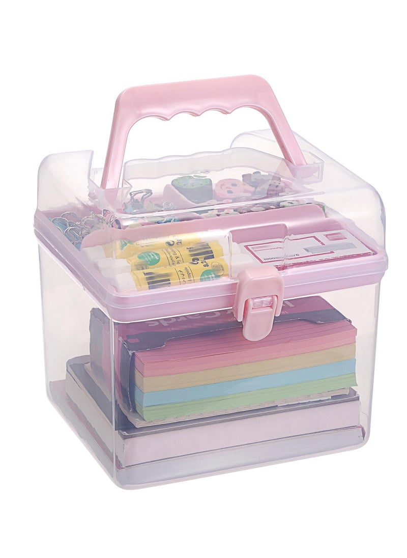 SYOSI Multipurpose Plastic Craft Storage Containers - Clear Plastic Storage Box with Removable Tray, Lid & Handle, Easy to Carry & Stack - Perfect for Small Items, 6.3'x5.6'x6.3‘, (Pink,2PCS)  - Image 2